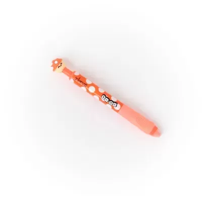 Caneta laranja com bolinhas brancas e personagem no topo