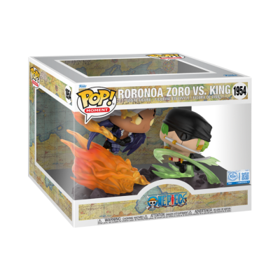 Figura Funko Pop! Moment Roronoa Zoro vs. King da série One Piece em embalagem de caixa com janela