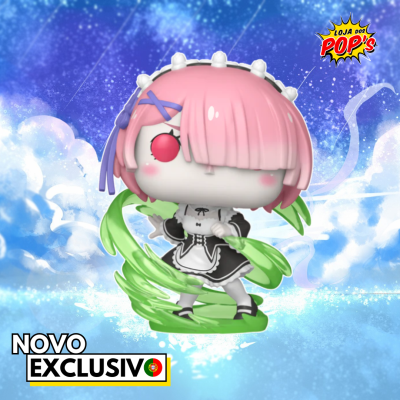 Figura colecionável Funko Pop de personagem cabelo rosa e vestido preto e branco
