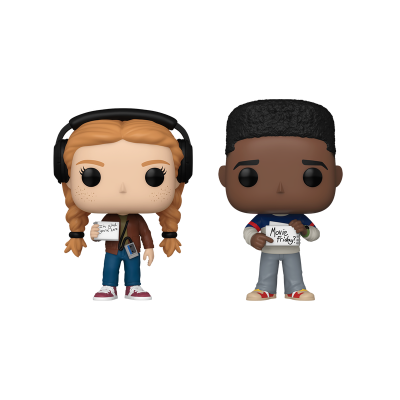 Duas figuras colecionáveis Funko Pop com papéis nas mãos