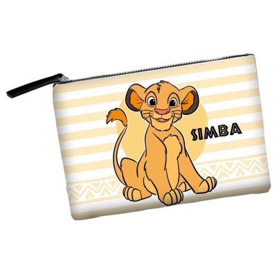 Carteira com imagem do Simba e riscas horizontais cor de areia e branco