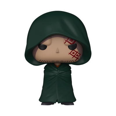Boneco Funko Pop com capa verde escura e marcas vermelhas no rosto