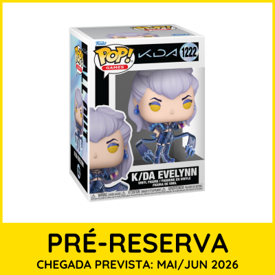 Figura Funko Pop! K/DA Evelynn em caixa, cabelo lilás, roupa azul, olhos amarelos, pré-reserva mai/jun 2026