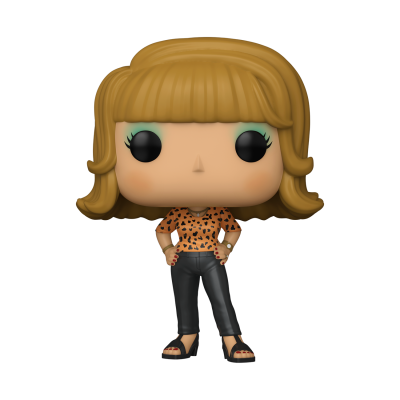 Figura colecionável Pop Funko de mulher com blusa laranja e calças pretas