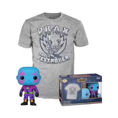 Conjunto Funko com t-shirt cinza Drax The Destroyer e figura Funko Pop azul e roxa