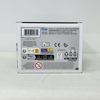 Parte traseira da embalagem do produto Funko com códigos e instruções