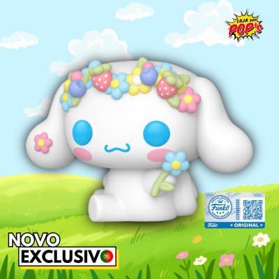 Figura Funko de coelho branco com olhos azuis e coroa de flores coloridas, sobre fundo azul com texto exclusivo