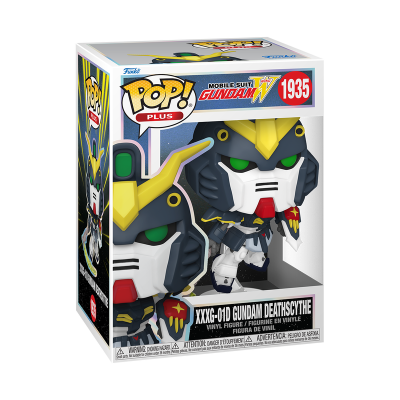 Caixa de Funko Pop Plus com figura de vinil Gundam Deathscythe preta, branca, amarela e vermelha