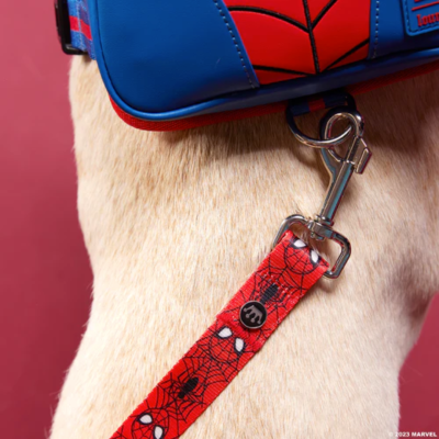 Trela de cão vermelha com padrão do Homem-Aranha presa a coleira azul e vermelha
