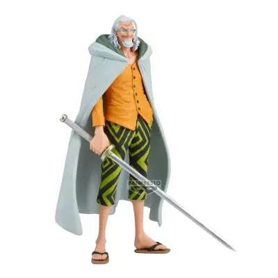 Figura colecionável de personagem masculino com espada e casaco cinzento