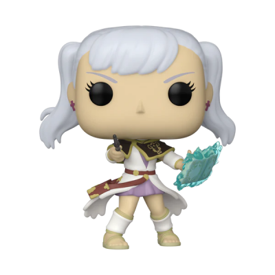 Figura Funko Pop de personagem feminina com cabelo branco e roupa branca, castanha e rosa segurando varinha e livro azul