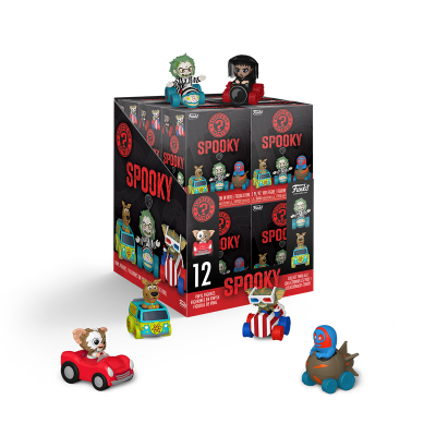 Caixas de figuras Funko Mystery Minis Spooky com personagens em carros e tanques coloridos