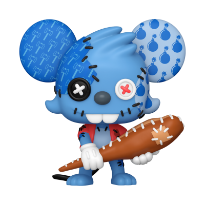Figura estilizada de rato azul com olhos de botões e taco de baseball