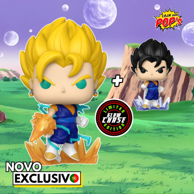 Duas figuras Funko Pop de personagens com cabelo amarelo e preto em cenário montanhoso