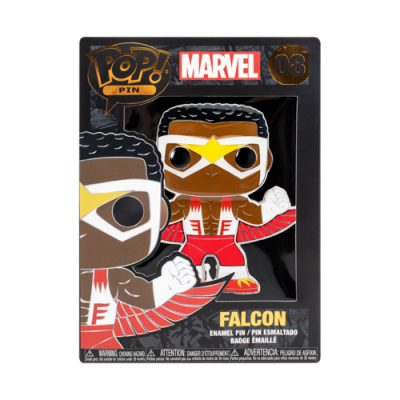 Pin esmaltado Funko Pop! do Falcon da Marvel em embalagem preta
