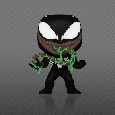 Figura colecionável de vinil do Venom com detalhes verdes em fundo cinzento