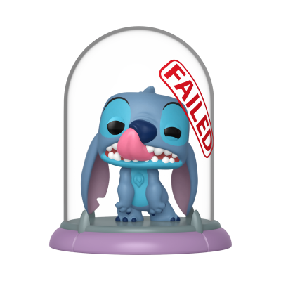 Boneco Funko Pop do Stitch dentro de uma cúpula de vidro com base lavanda e palavra FAILED em vermelho.