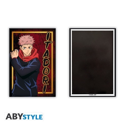 Quadro decorativo com personagem anime Itadori em fundo vermelho e moldura preta