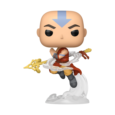 Funko Pop Aang com seta azul, roupa vermelha e cajado dourado em base branca translúcida