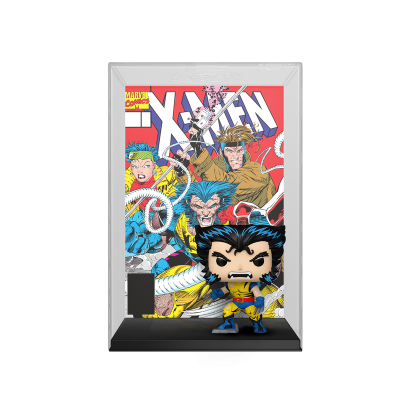 Figura Funko Pop do Wolverine com bande desenhada X-Men ao fundo