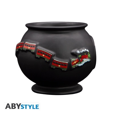 Vaso preto com desenho em relevo de comboio vermelho e verde