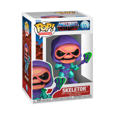 Funko Pop! de vinil Skeletor da Masters of the Universe em caixa com janela transparente.