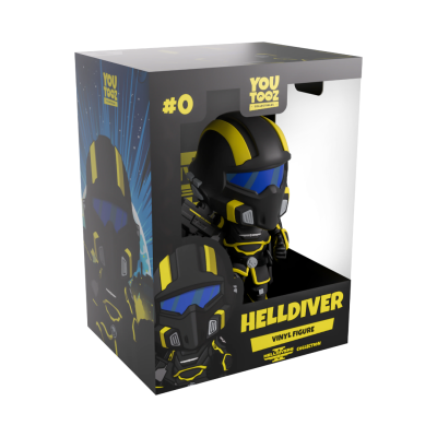 Caixa de boneco de vinil preto e amarelo com capacete azul