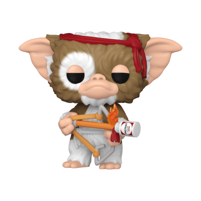 Figura Funko Pop de Gizmo do filme Gremlins com bandana e balestra segurando marshmallow em chamas