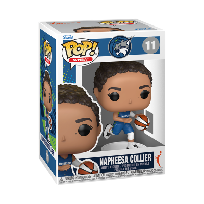 Figura Funko Pop da Jogadora Napheesa Collier com bola de basquete e uniforme azul no interior da caixa