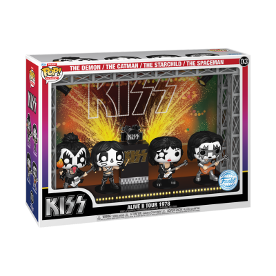 Caixa Funko Pop KISS Alive II Tour 1978 com quatro figuras da banda