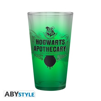 Copo de vidro verde Hogwarts Apothecary com símbolo e texto preto