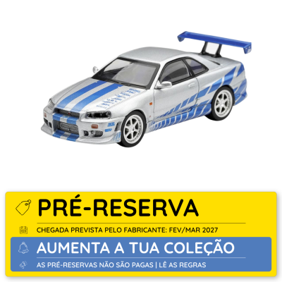Miniatura de carro desportivo prateado com riscas azuis e spoiler azul