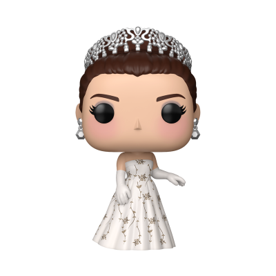 Figura colecionável estilo Funko Pop com vestido branco e coroa prateada