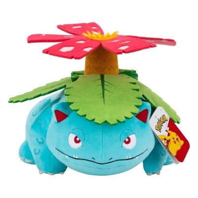 Pelúcia Pokémon Venusaur com corpo azul, folhas verdes e flor vermelha