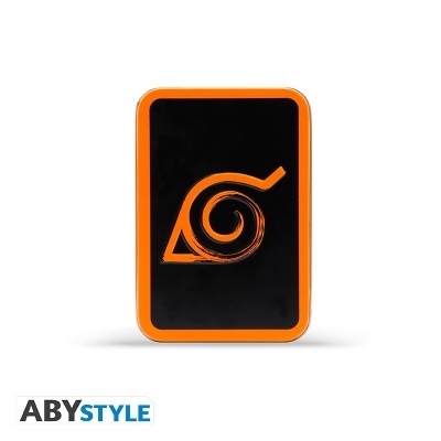 Objeto retangular preto com símbolo laranja e bordas laranja