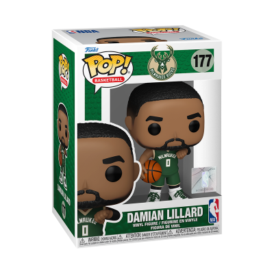 Funko Pop! Damian Lillard número 177 com uniforme verde dos Milwaukee Bucks e bola de basquete