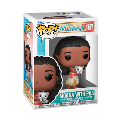 Figura Funko Pop! Moana segurando Pua em vinil na embalagem branca com texto colorido