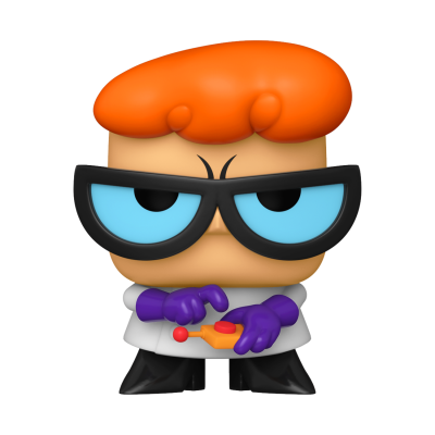 Figura Funko Pop com cabelo laranja, óculos pretos, luvas roxas, roupa branca e calças pretas segurando joystick amarelo com botão vermelho