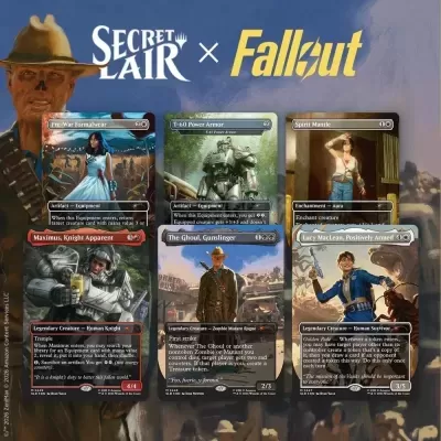 Set de seis cartas colecionáveis Secret Lair x Fallout com personagens e equipamentos diferentes.
