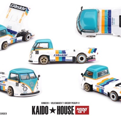 Miniatura Volkswagen T1 Greddy Pickup V1 com várias vistas e cores branco, azul, laranja e preto.