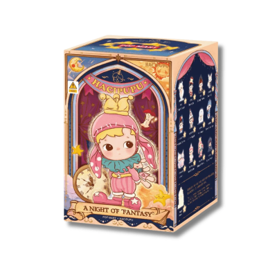 Caixa colorida de brinquedo colecionável com personagem infantil e texto HACIPUPU.