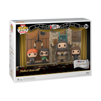 Caixa Funko Pop! Moments Harry Potter com quatro figuras em cenário de teatro