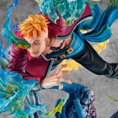 Figura de personagem masculino com cabelo laranja e efeitos translúcidos azuis