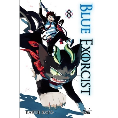 Capa da manga Blue Exorcist volume 8 com rapaz e gato preto grande