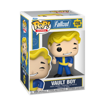 Figura vinyl Vault Boy Fallout em embalagem Funko Pop! Games azul e branca.