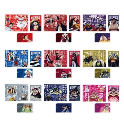 Cromos colecionáveis One Piece com personagens e textos em japonês, fundos coloridos variados.