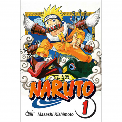 Capa do manga Naruto volume 1 com personagem principal, criatura sapo, texto NARUTO 1 e Masashi Kishimoto