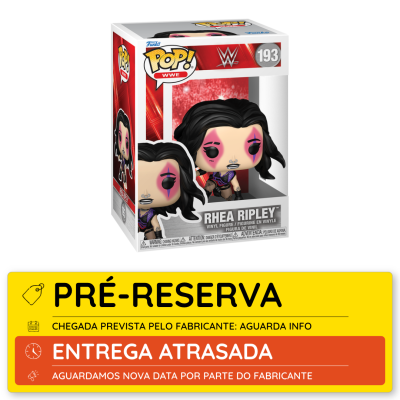 Figura Funko Pop WWE Rhea Ripley em caixa com etiqueta de pré-reserva e aviso de entrega atrasada