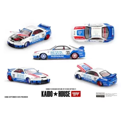 Miniatura de carro Nissan Skyline GT-R branco, azul e vermelho com número 33 e textos de marca
