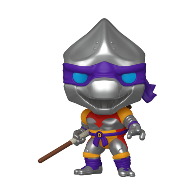 Figura colecionável de armadura prateada com faixa roxa e bastão.